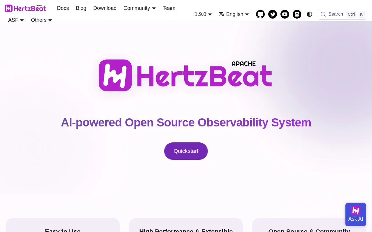 Screenshot of the Apache HertzBeat homepage