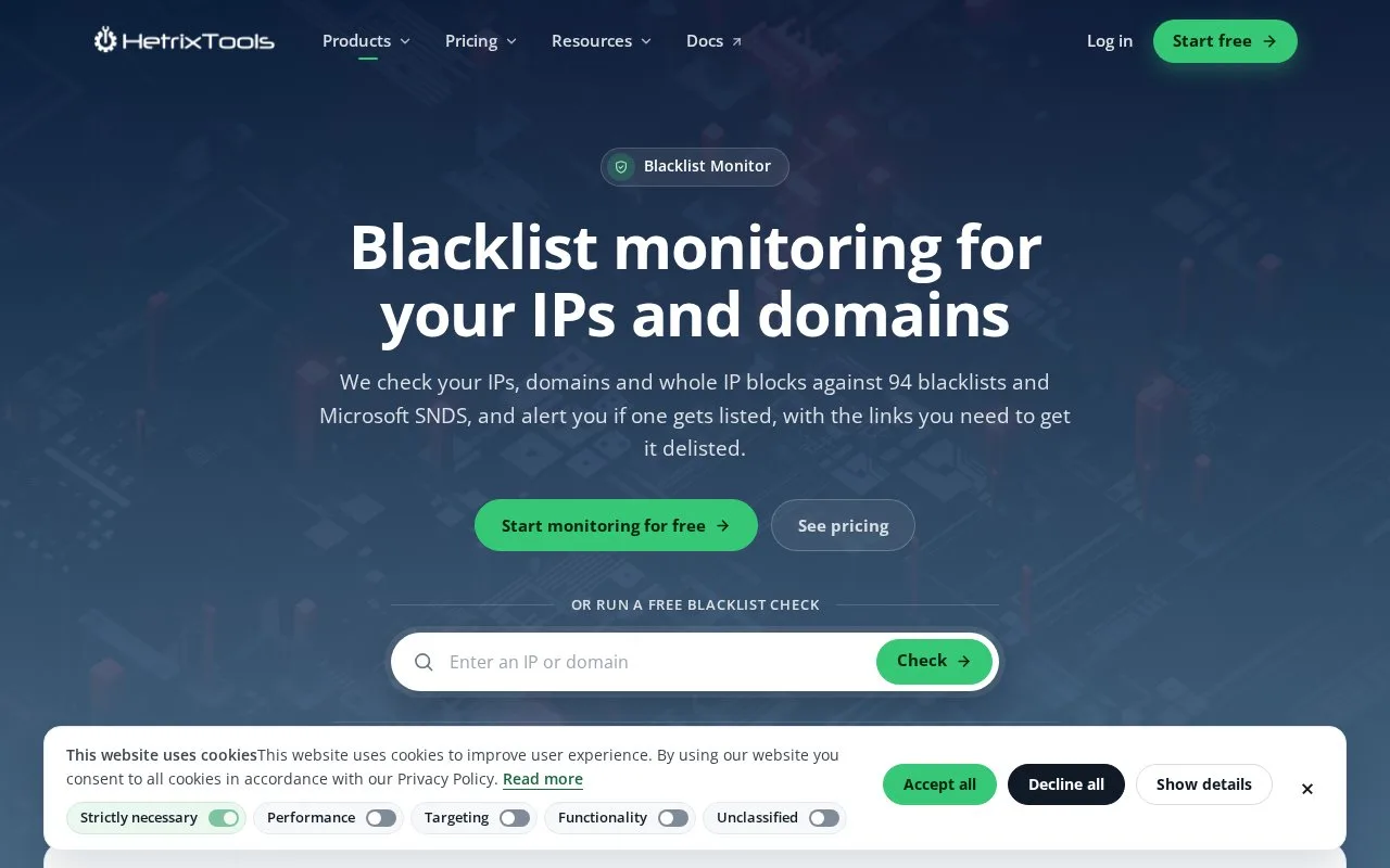 Screenshot of the HetrixTools Blacklist Monitor homepage