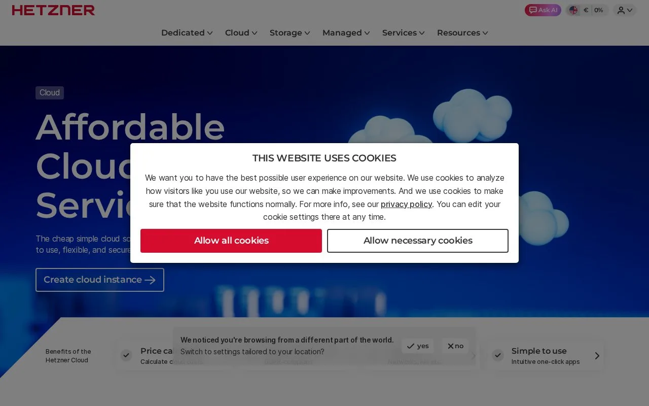 Screenshot of the Hetzner Cloud homepage