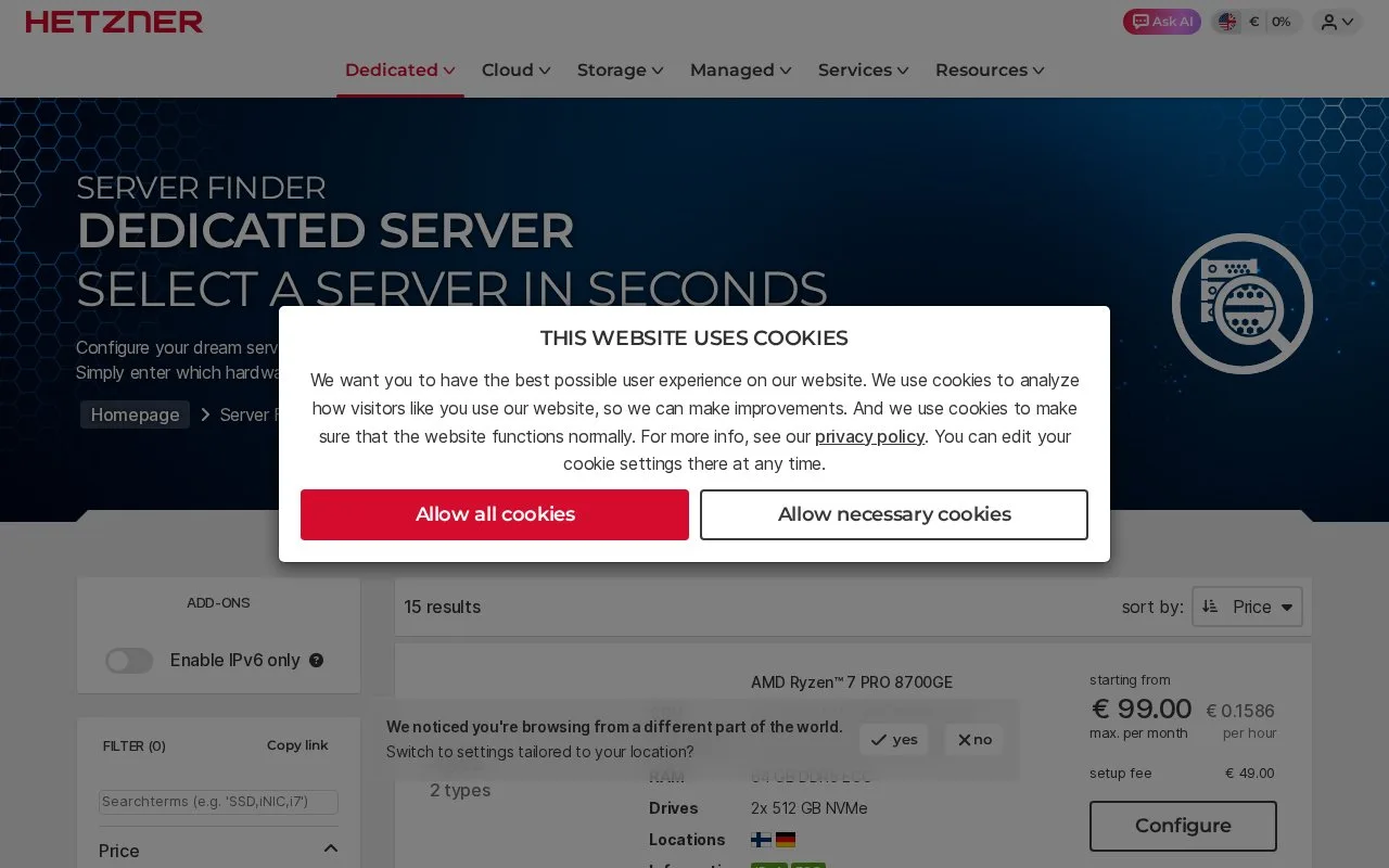 Screenshot of the Hetzner Dedicated Servers homepage
