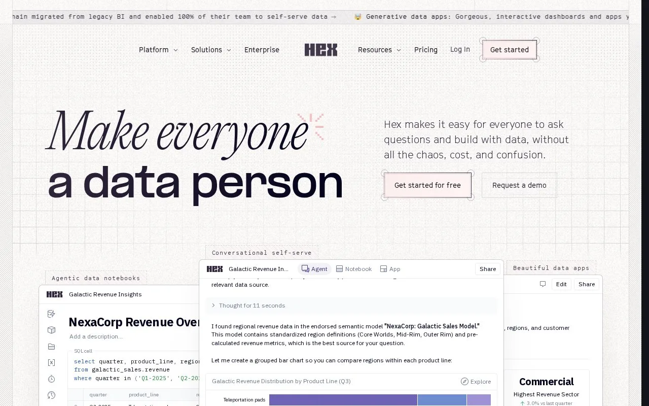 Screenshot of the Hex homepage