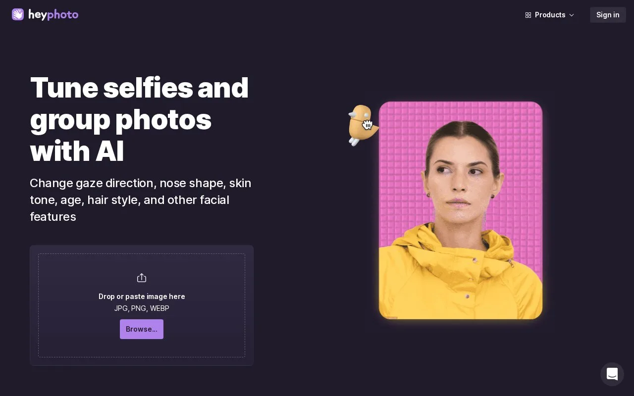 Screenshot of the HeyPhoto homepage