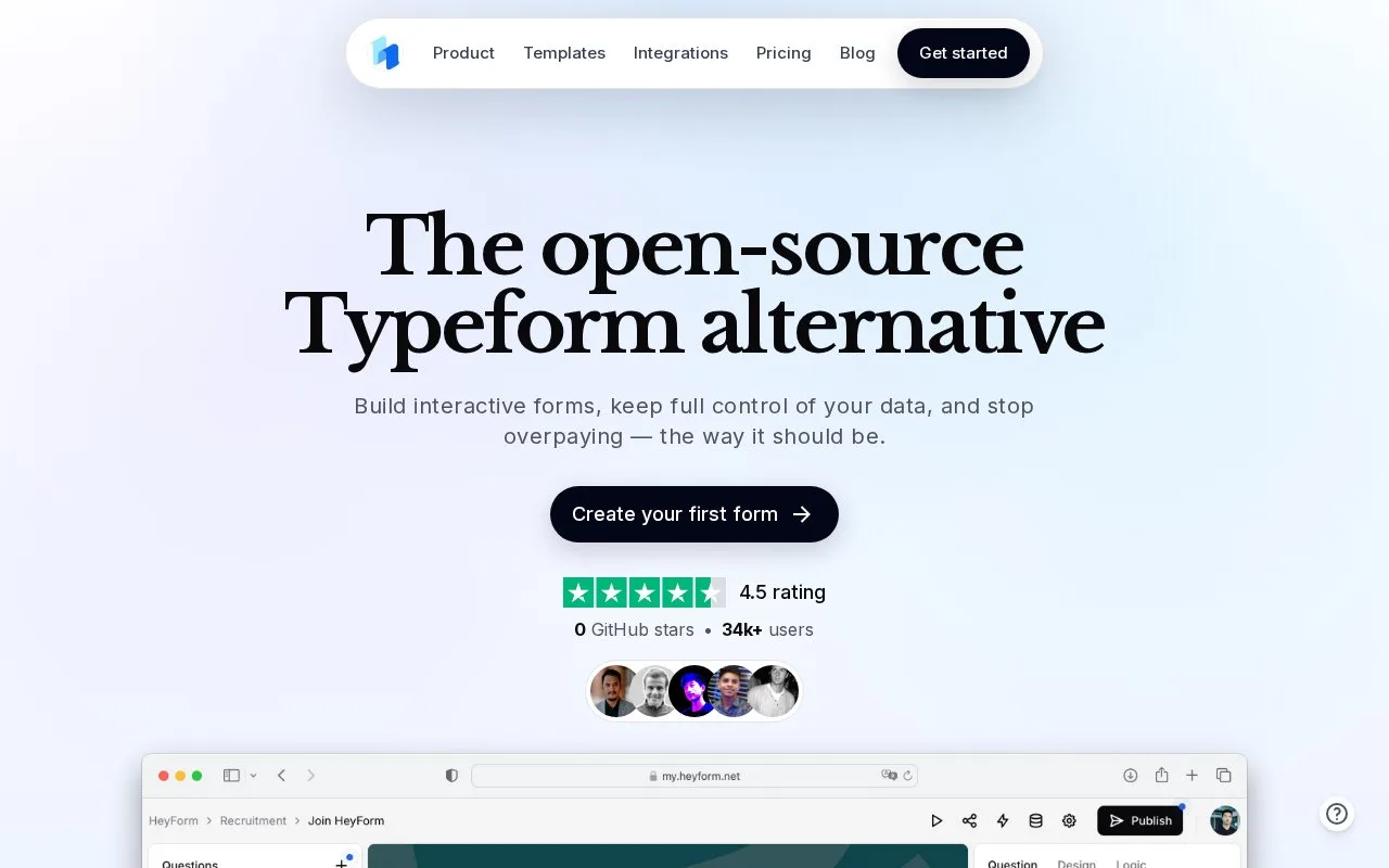 Screenshot of the HeyForm homepage