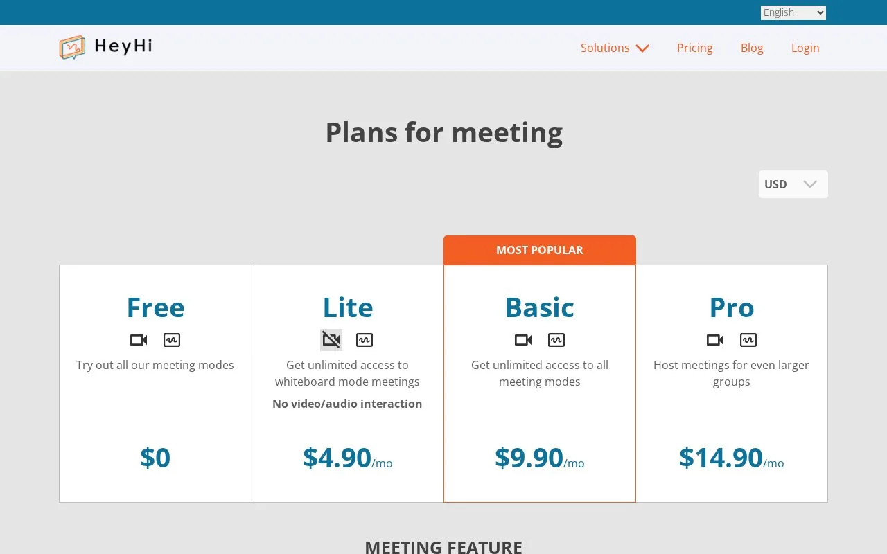 Screenshot of the HeyHi Whiteboard mode homepage