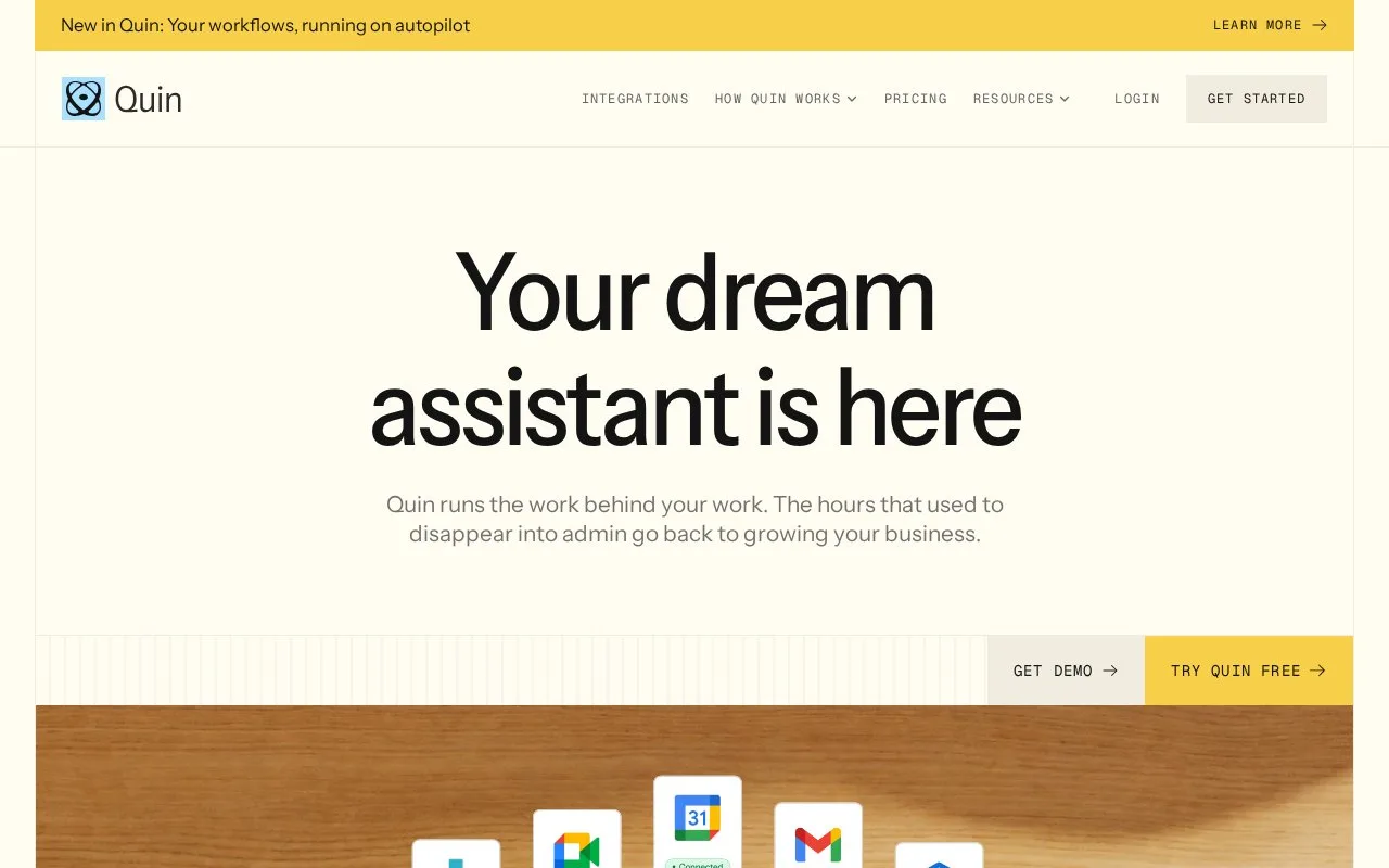 Screenshot of the Quin homepage