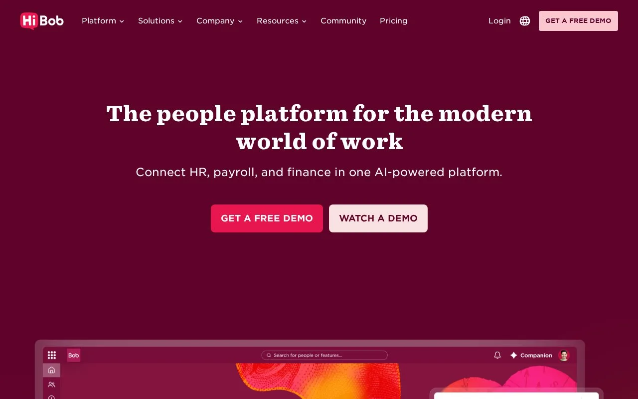Screenshot of the HiBob homepage