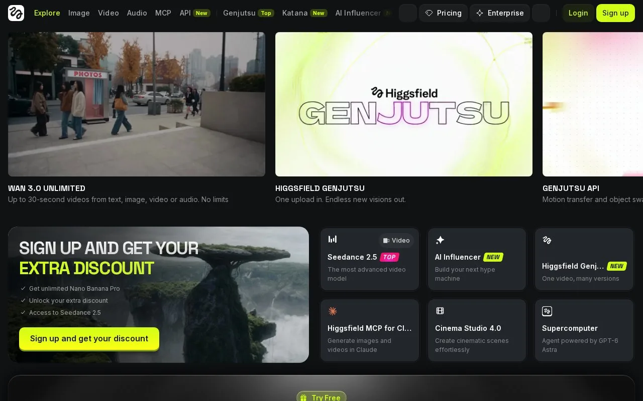 Screenshot of the Higgsfield AI homepage