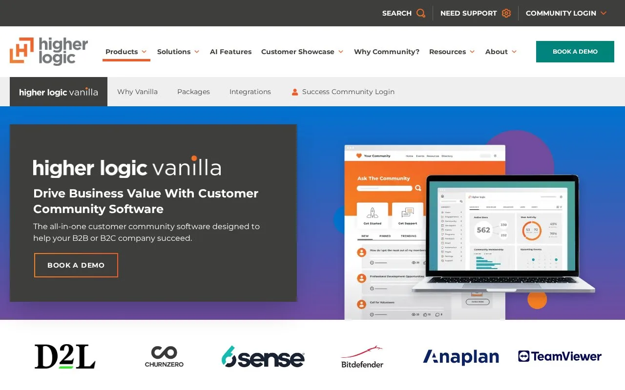 Screenshot of the Higher Logic Vanilla homepage