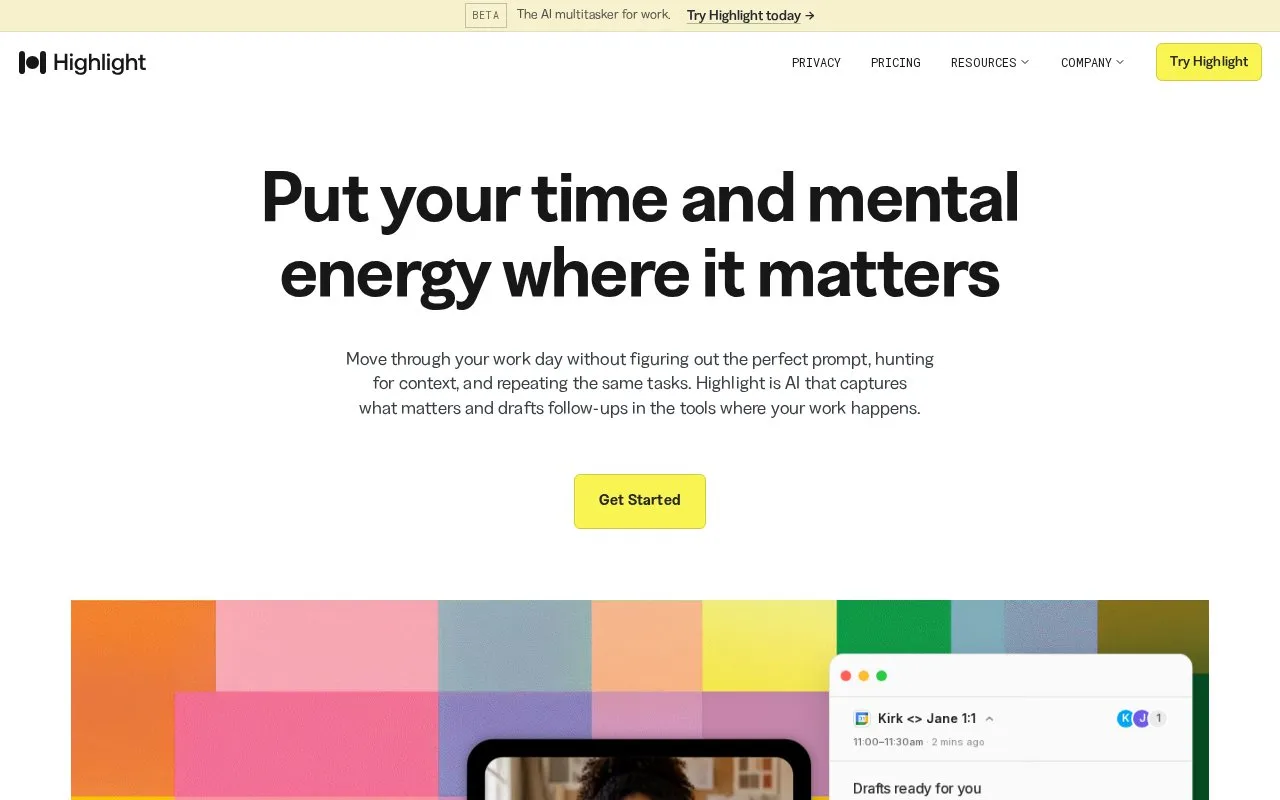 Screenshot of the Highlight AI homepage