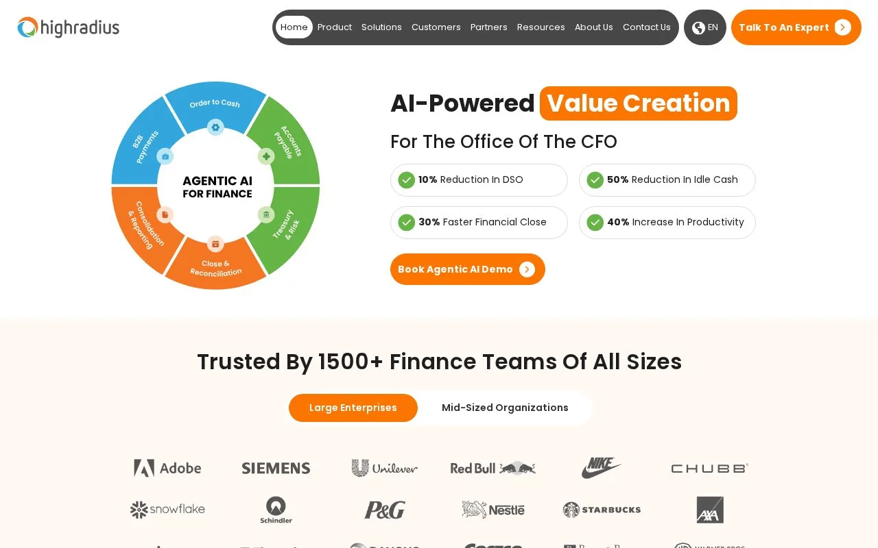 Screenshot of the HighRadius homepage