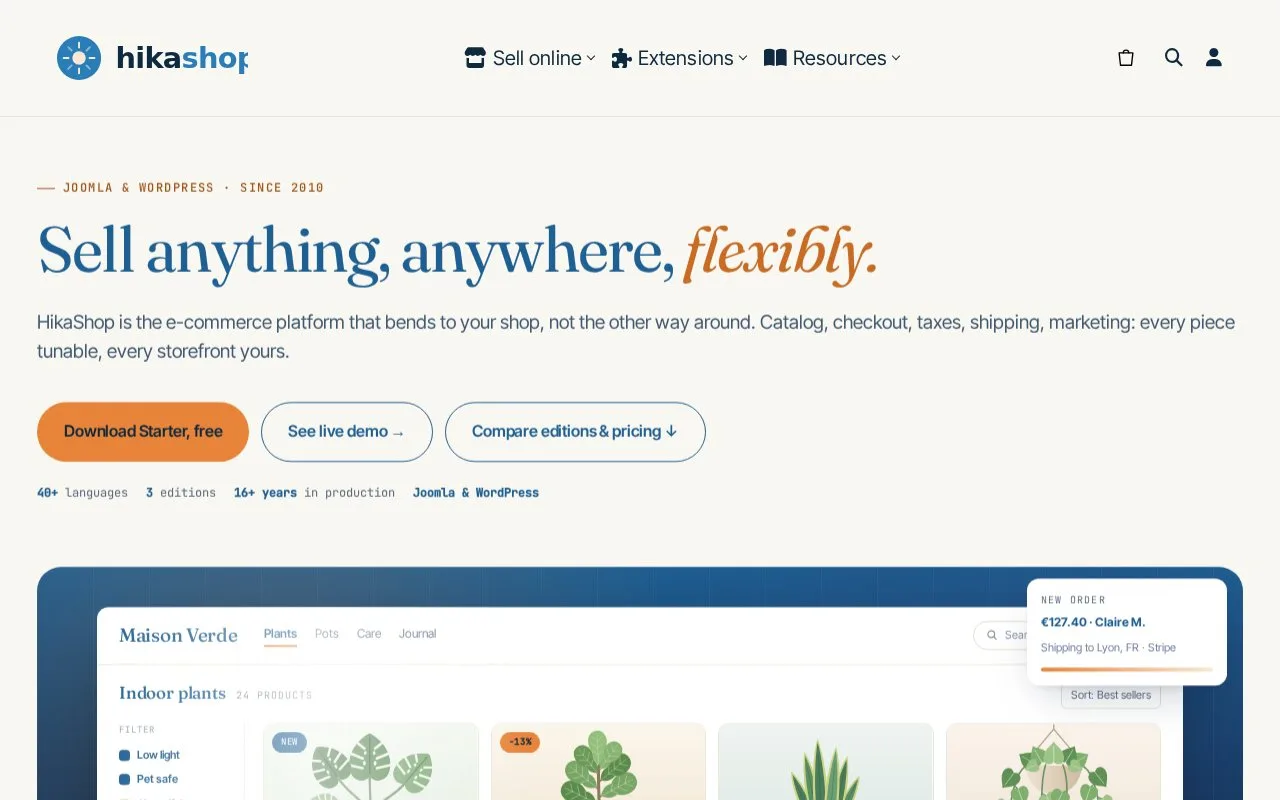 Screenshot of the HikaShop homepage