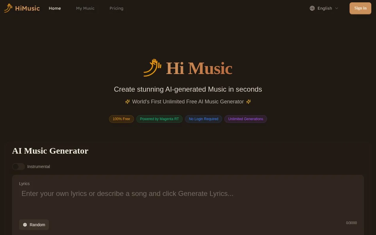 Screenshot of the HiMusic homepage