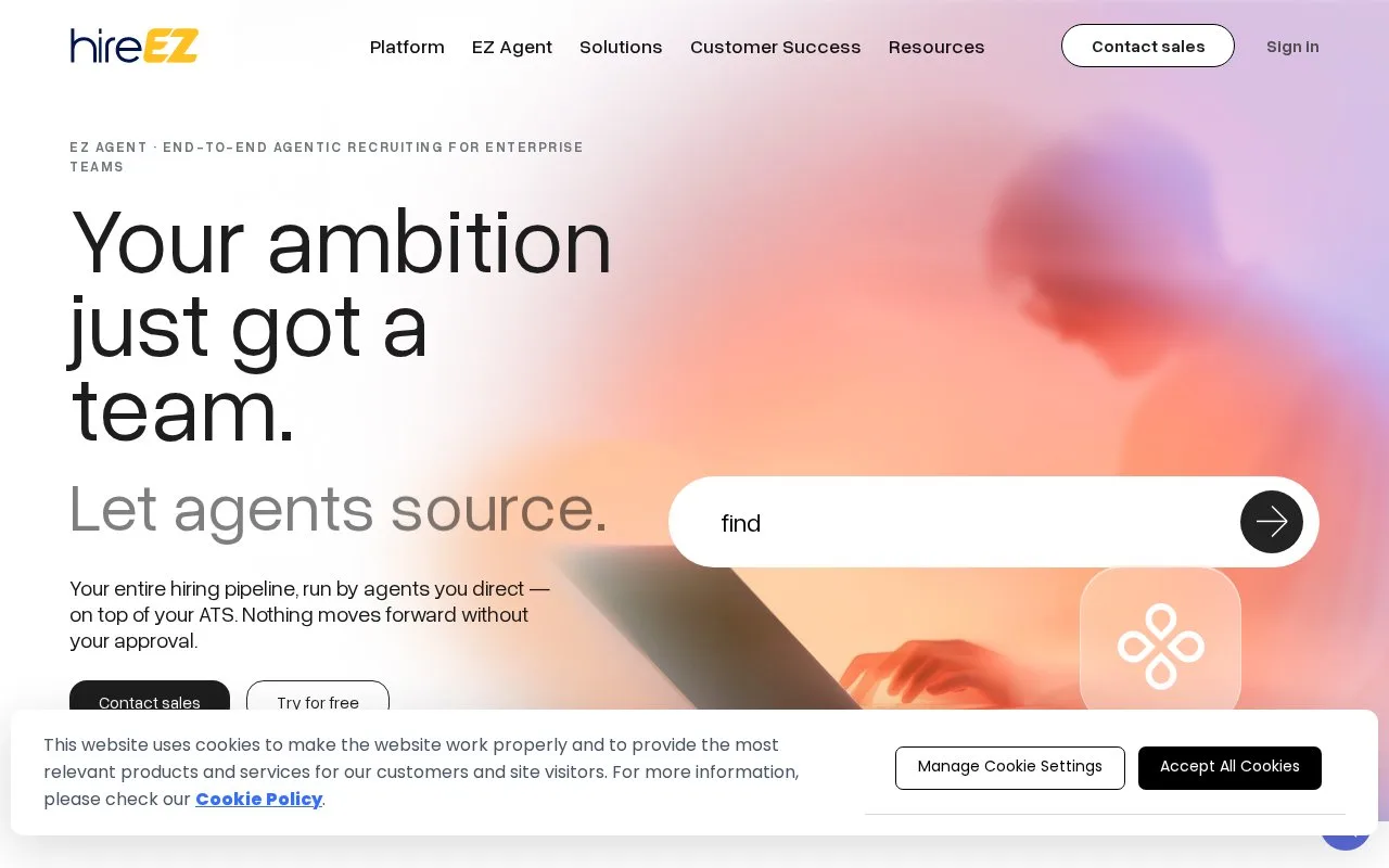 Screenshot of the hireEZ homepage