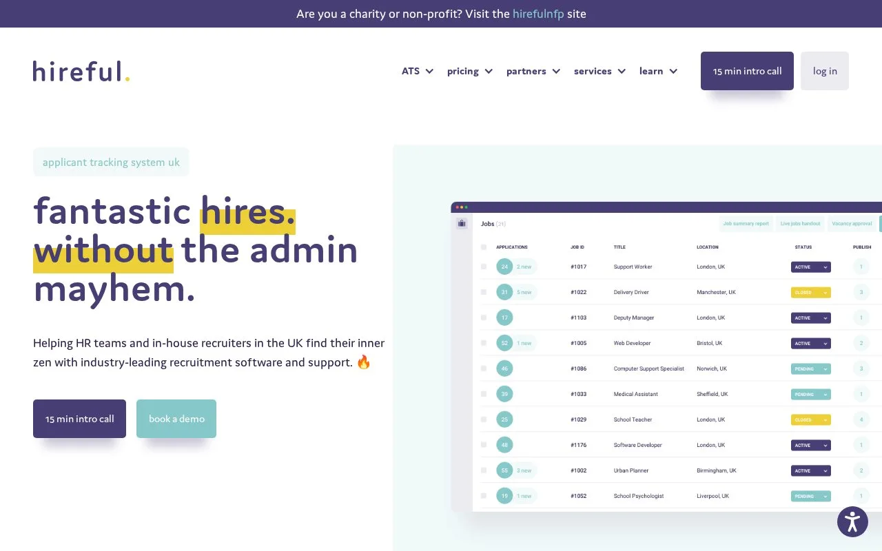 Screenshot of the hireful homepage
