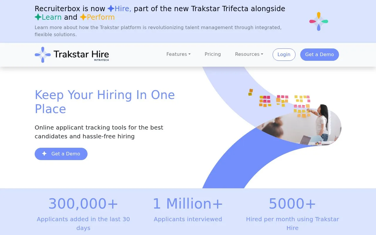 Screenshot of the Trakstar Hire homepage
