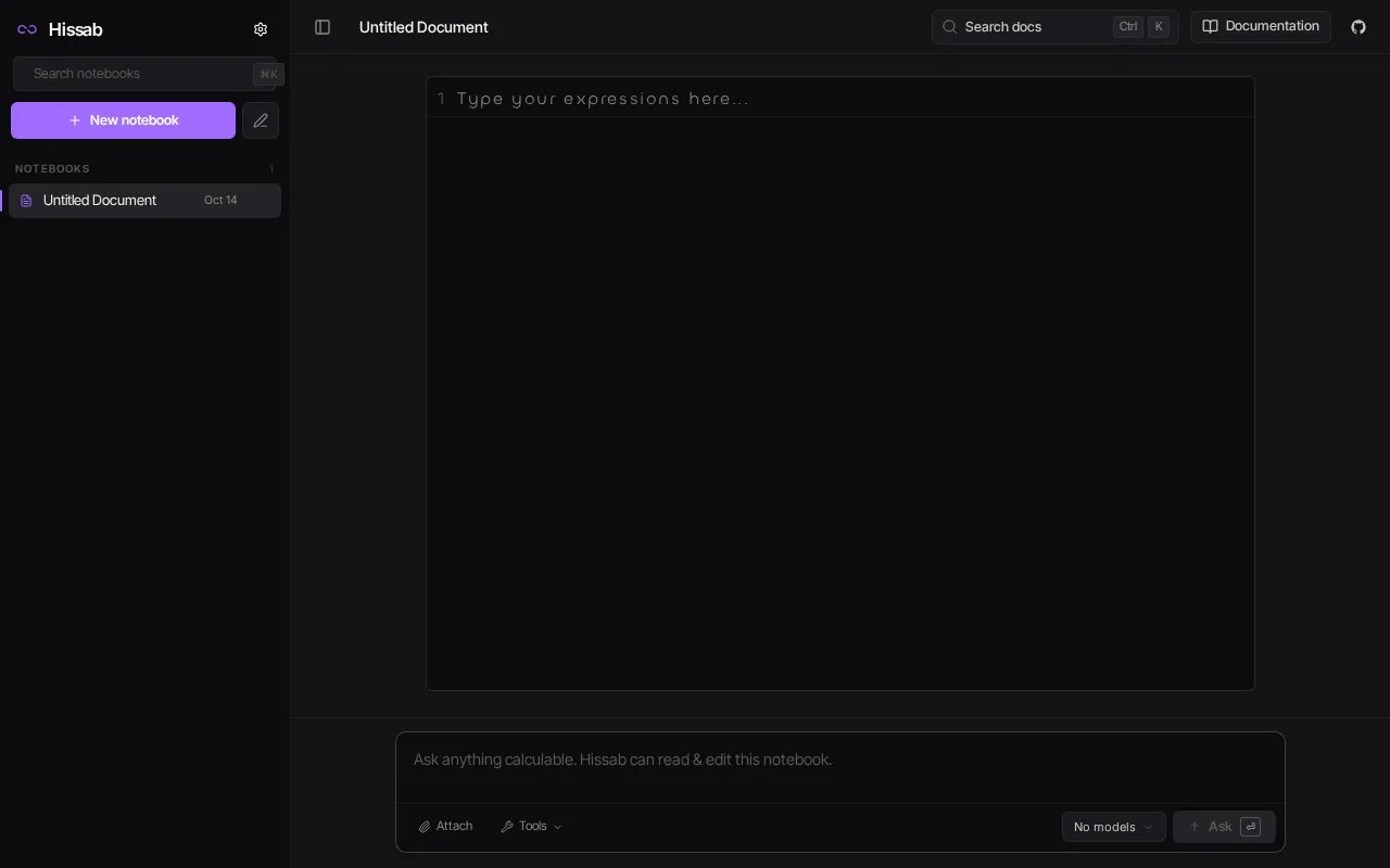 Screenshot of the Hissab homepage