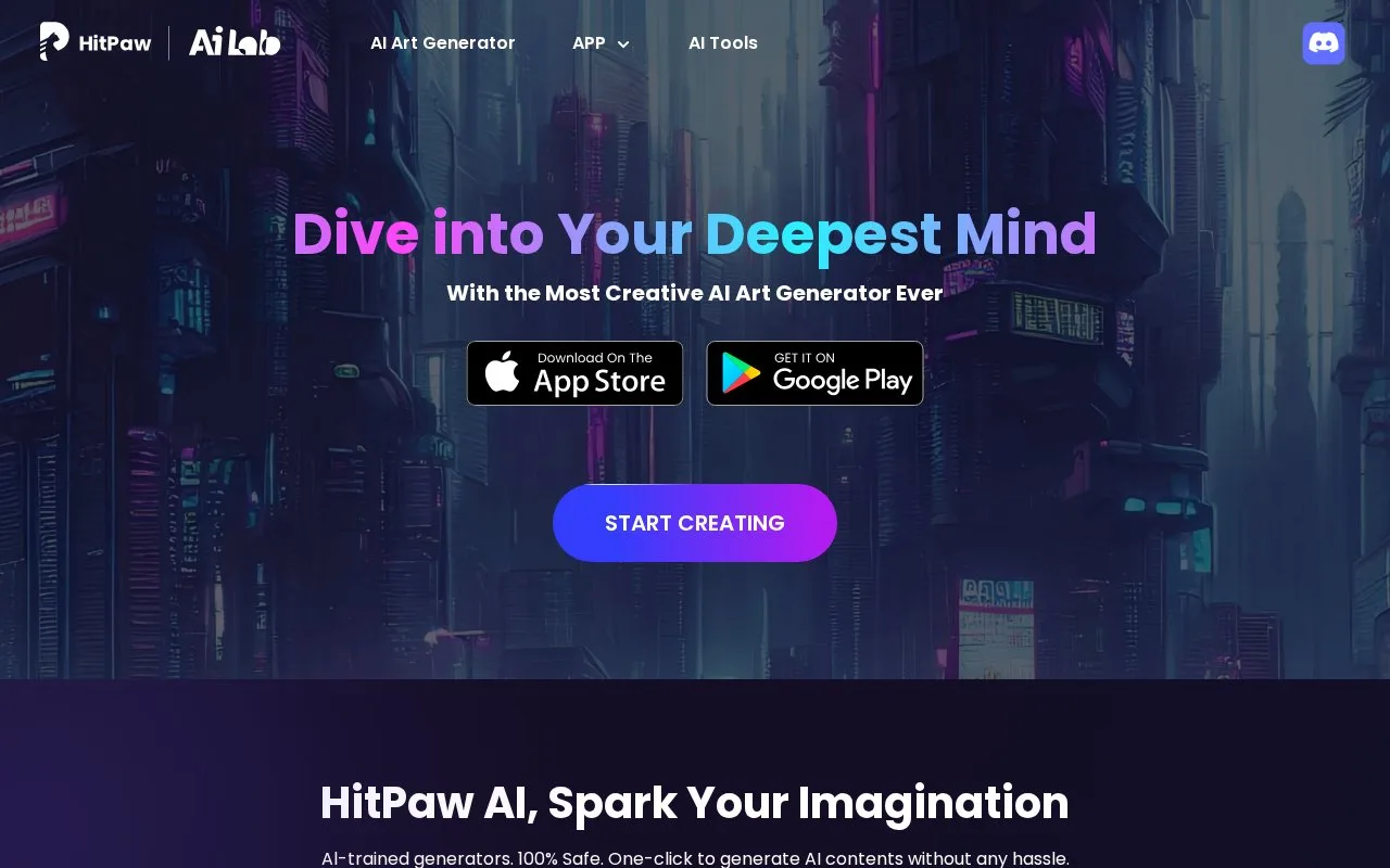 Screenshot of the HitPaw AI Art Generator homepage