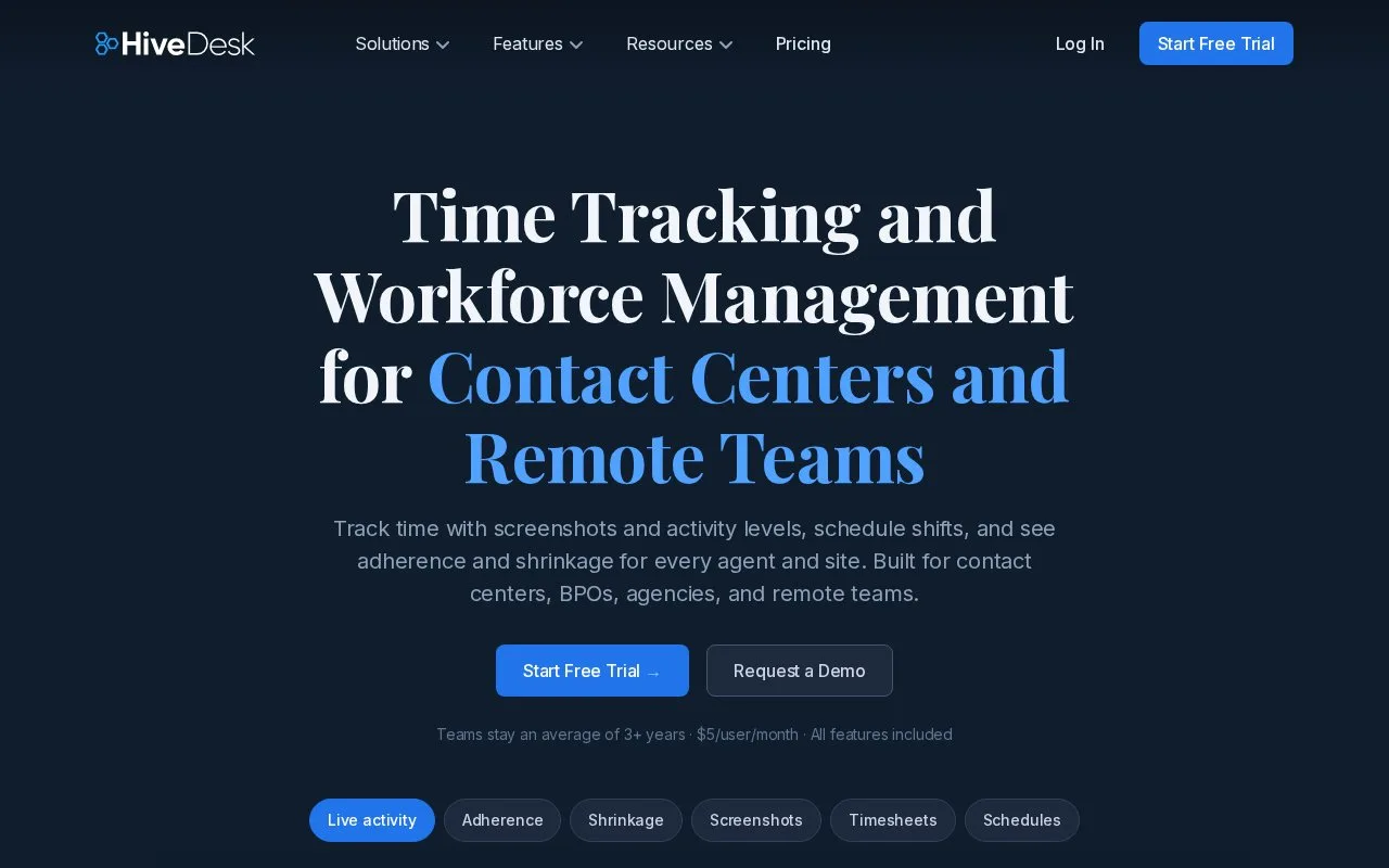 Screenshot of the HiveDesk homepage