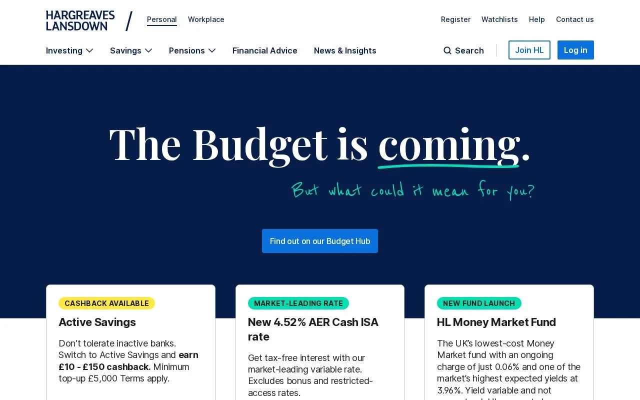 Screenshot of the Hargreaves Lansdown homepage