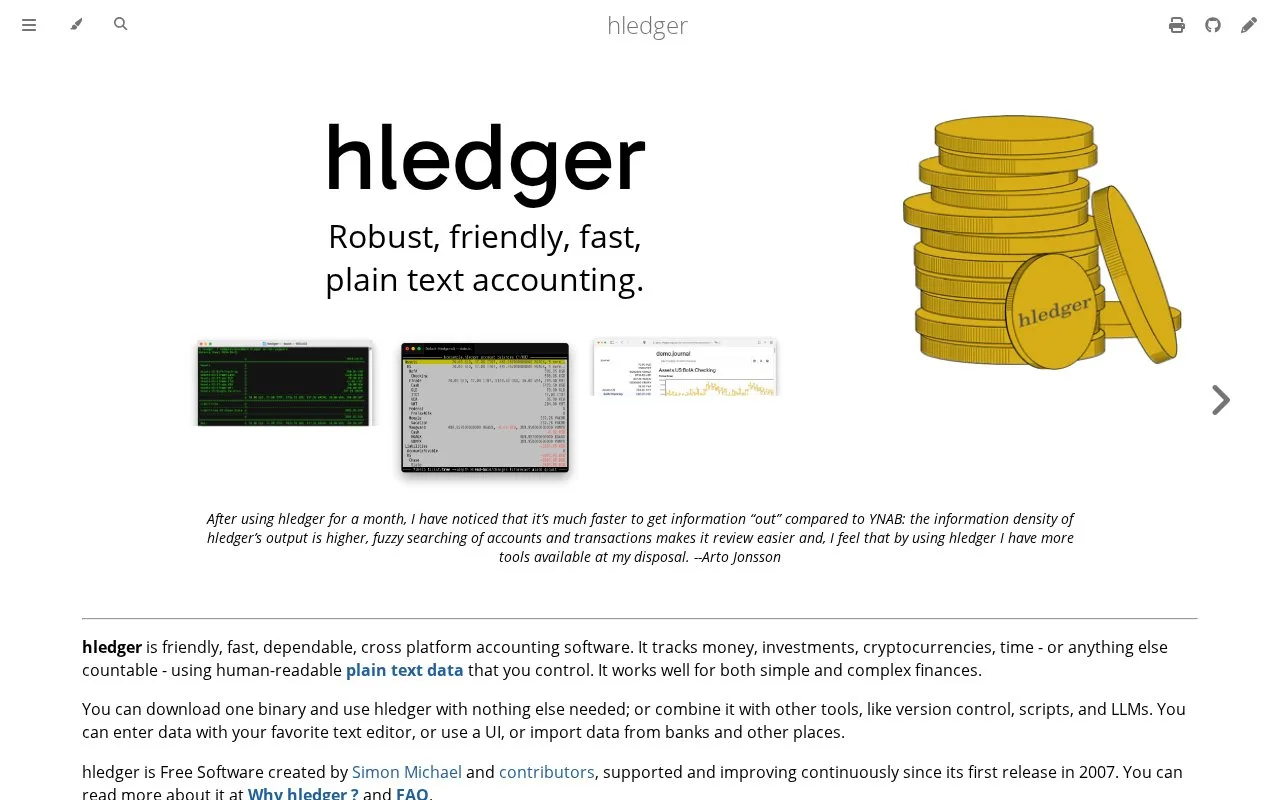Screenshot of the hledger homepage