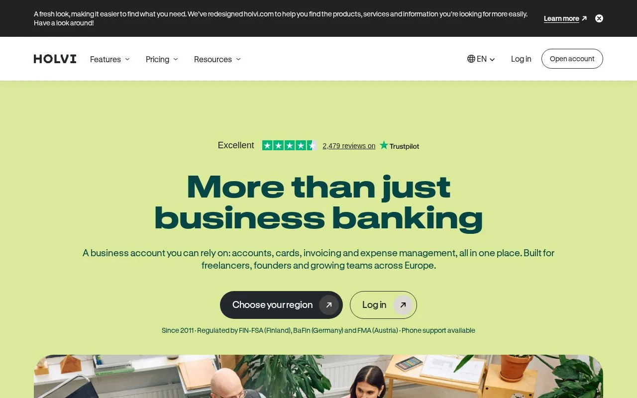 Screenshot of the Holvi homepage
