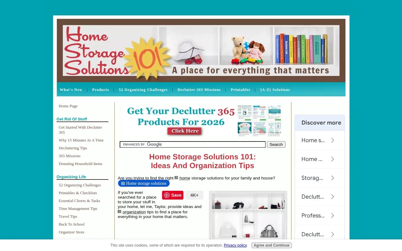 Screenshot of the Home Storage Solutions 101 homepage