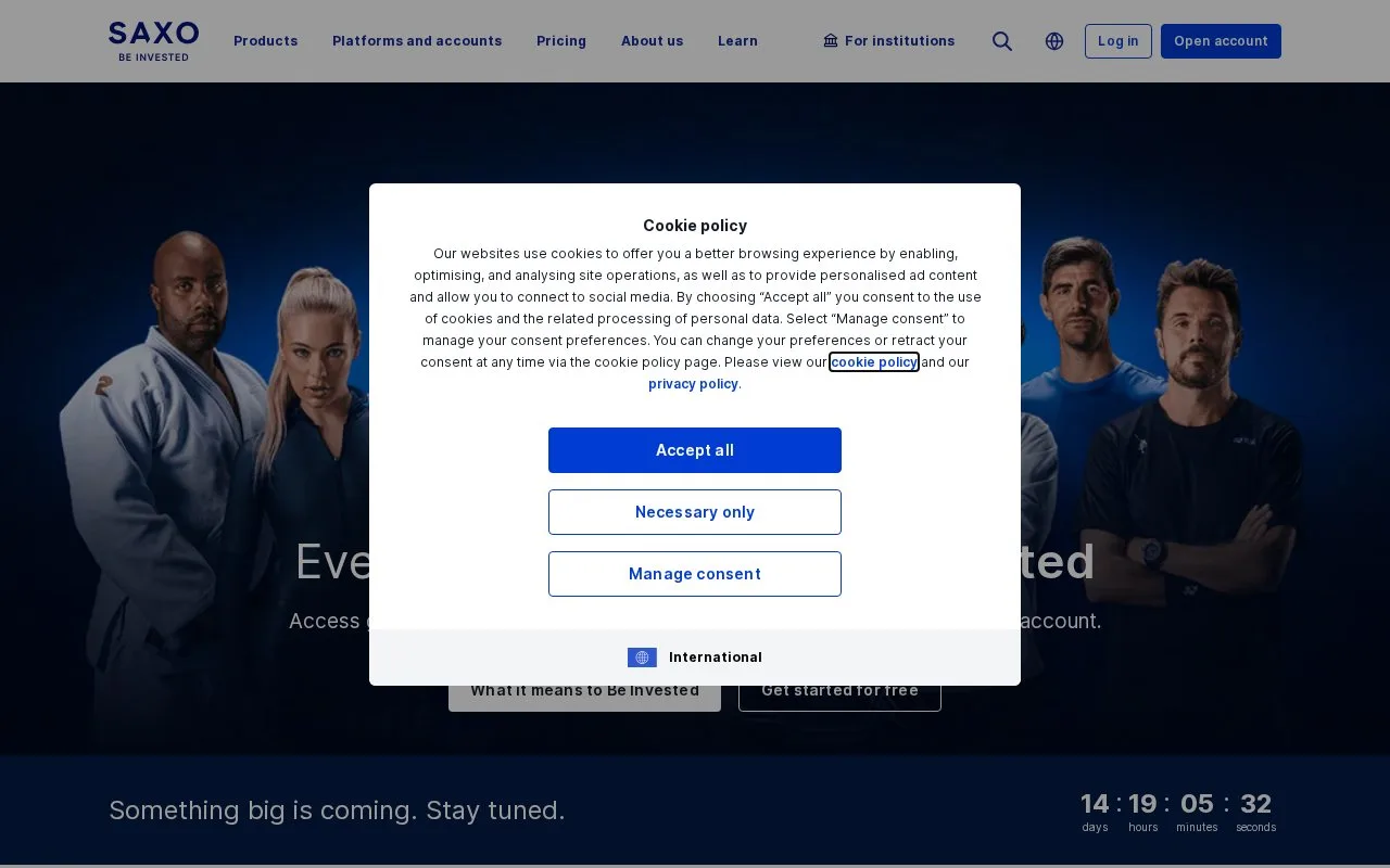 Screenshot of the Saxo homepage