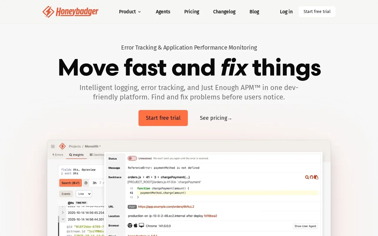Screenshot of the Honeybadger homepage