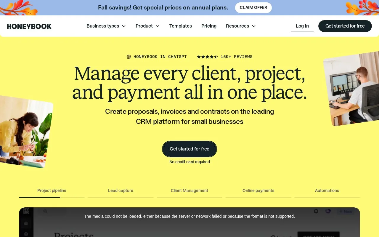 Screenshot of the HoneyBook homepage