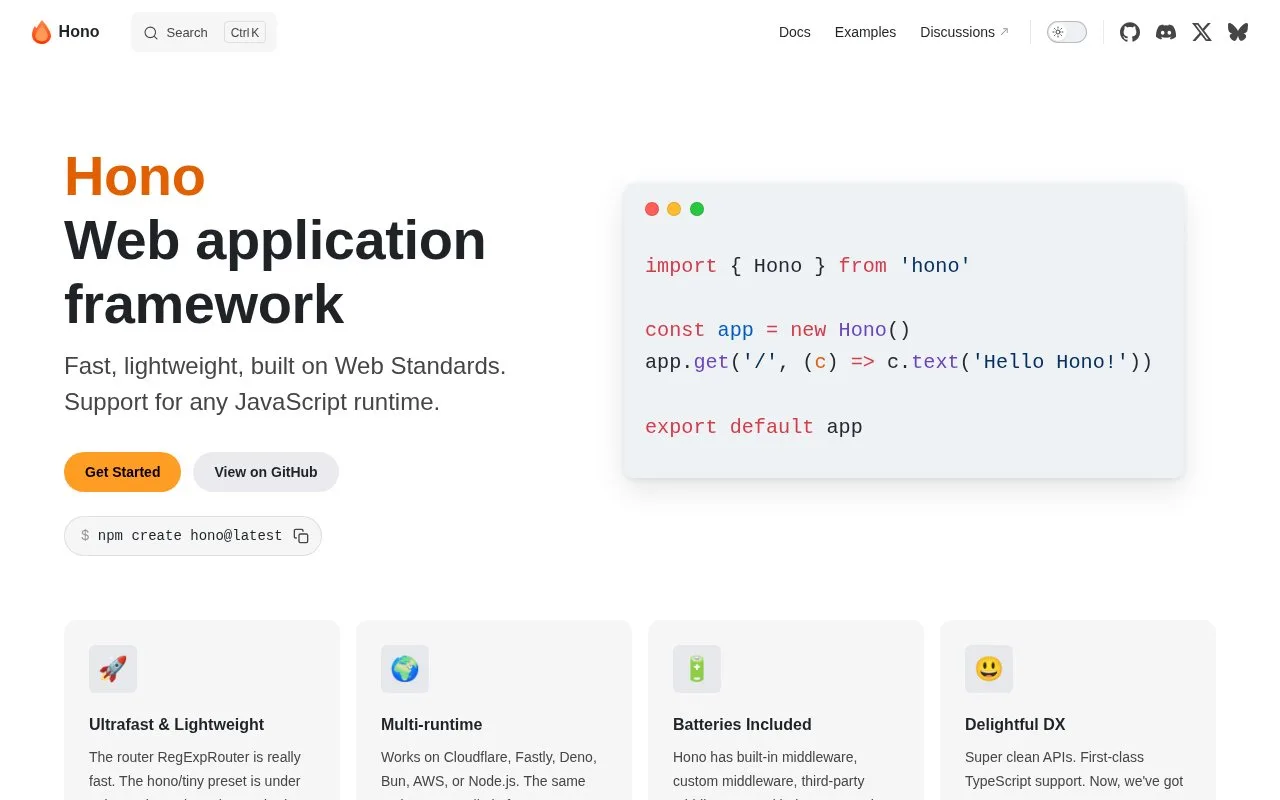Screenshot of the Hono homepage