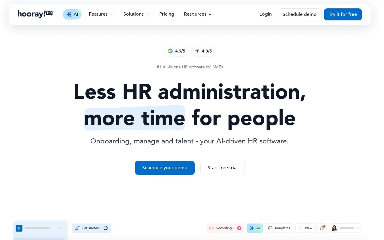 Screenshot of the HoorayHR homepage