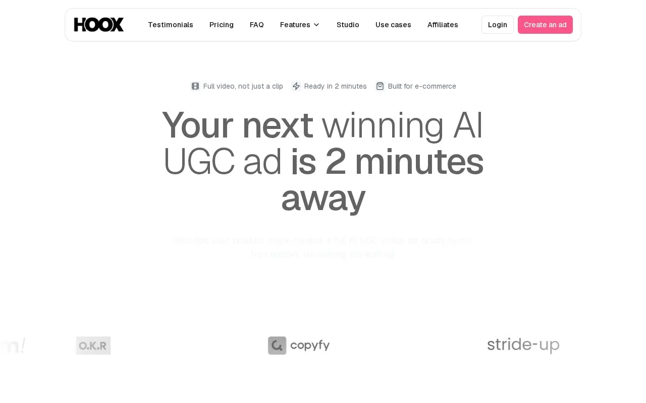 Screenshot of the Hoox homepage