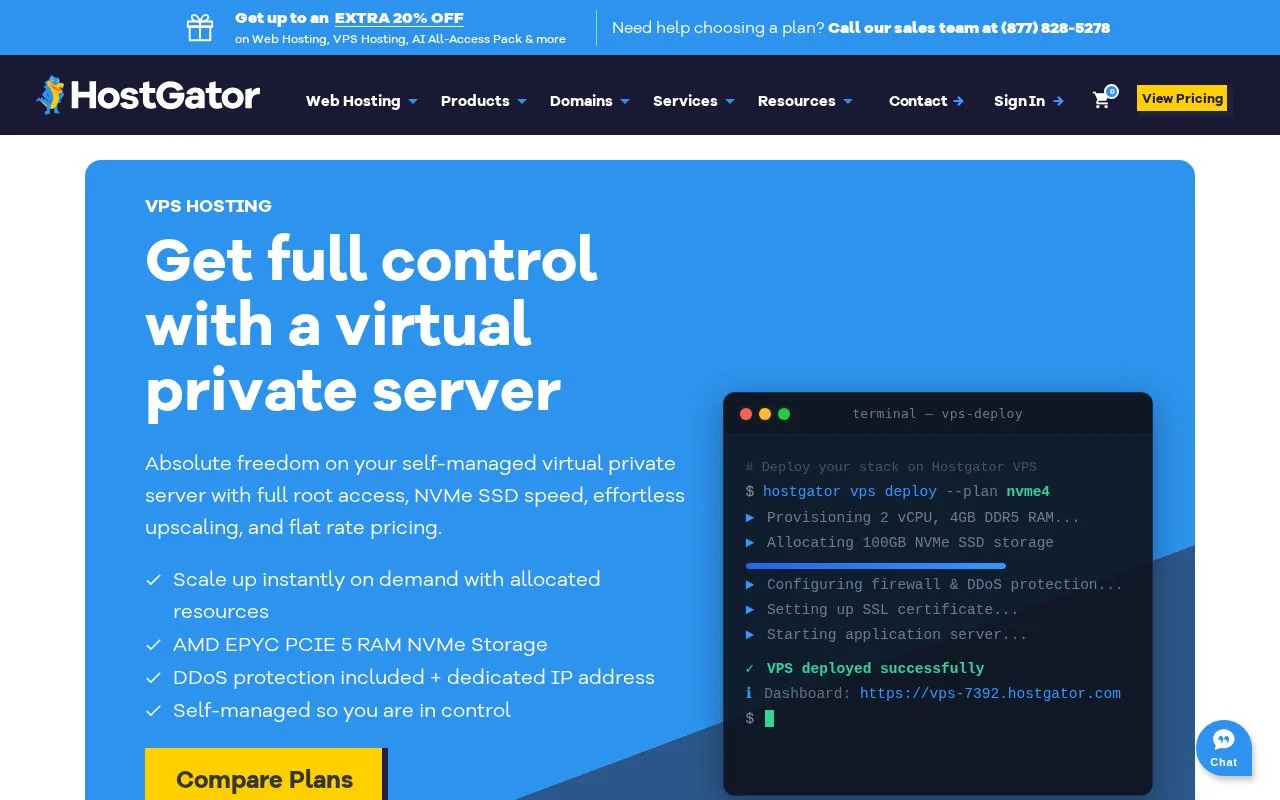 Screenshot of the HostGator VPS Hosting homepage