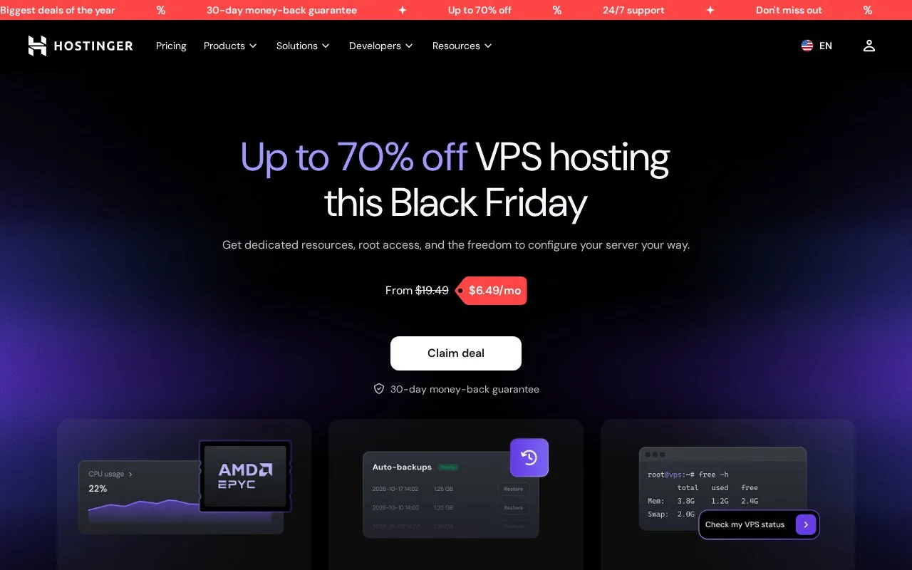 Screenshot of the Hostinger VPS Hosting homepage