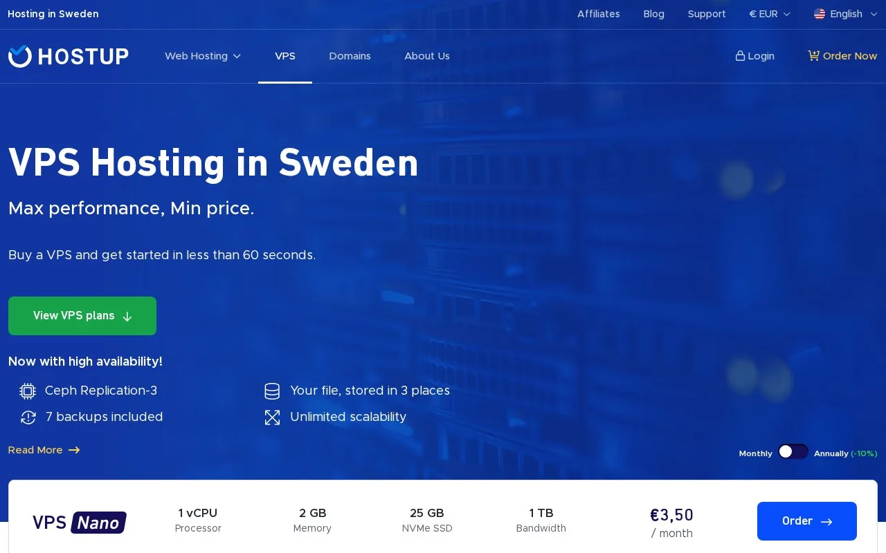 Screenshot of the HostUp VPS homepage