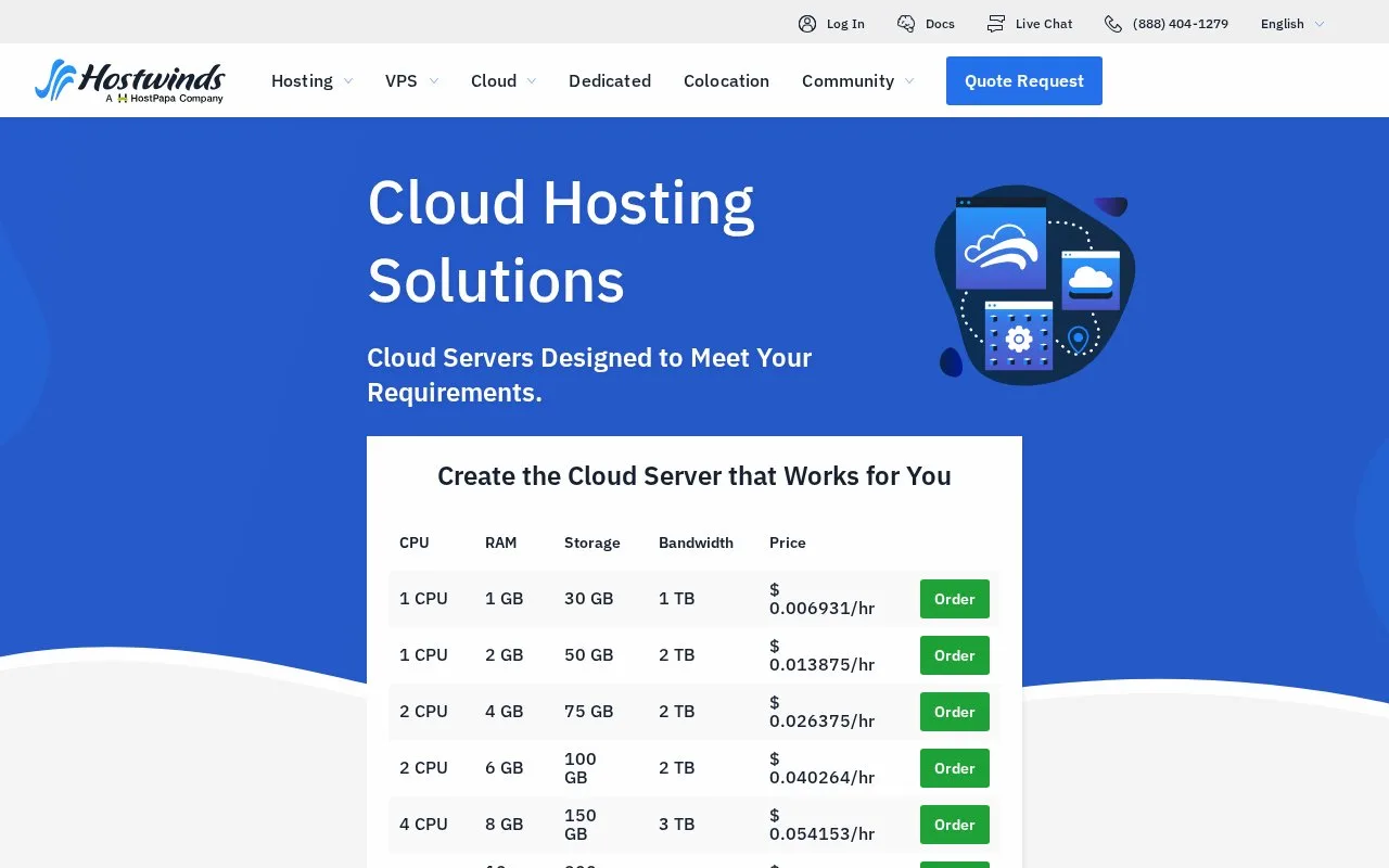 Screenshot of the Hostwinds Cloud Servers homepage