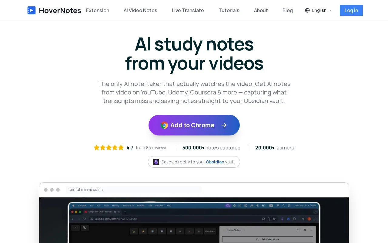 Screenshot of the HoverNotes homepage