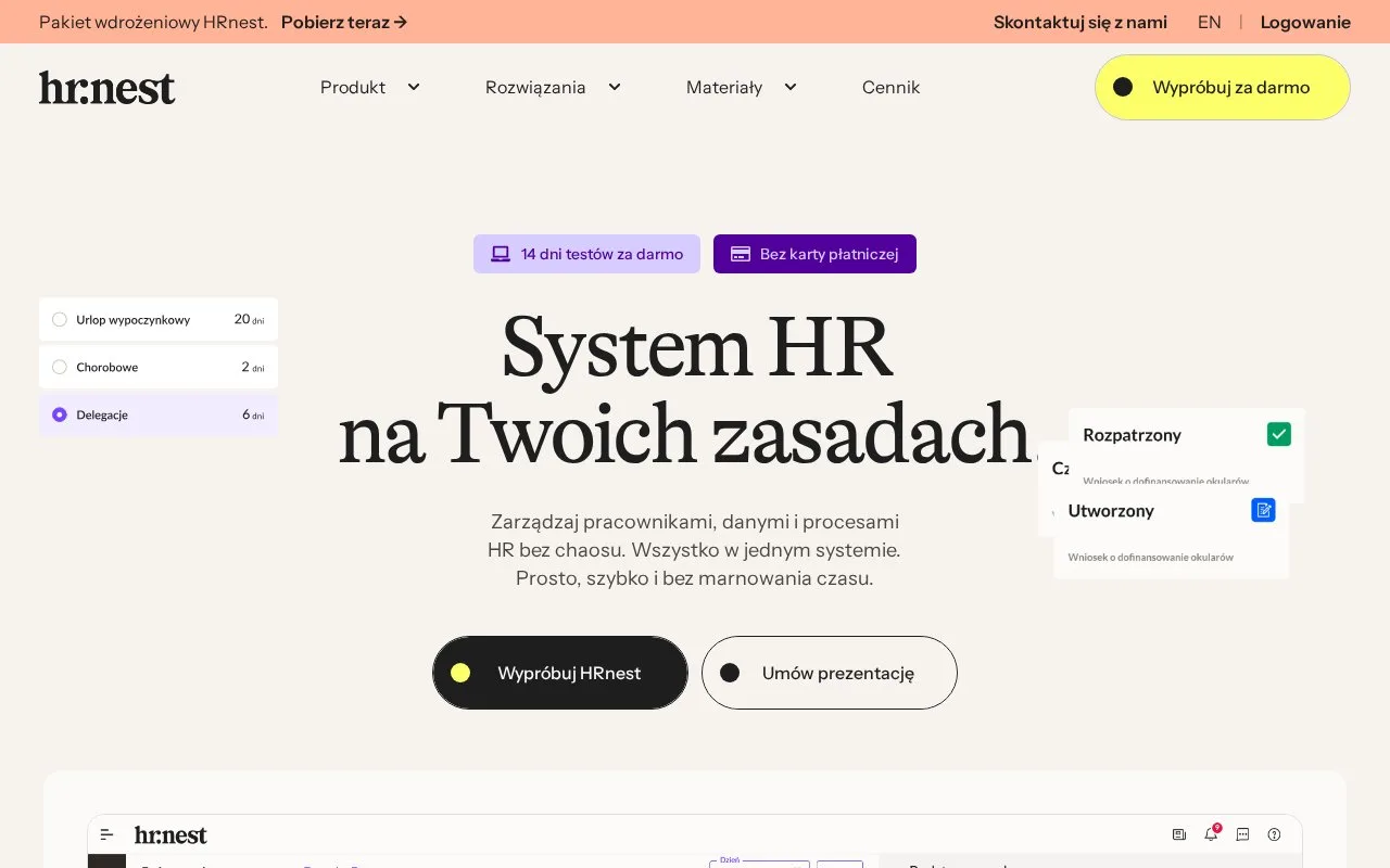 Screenshot of the HRnest homepage
