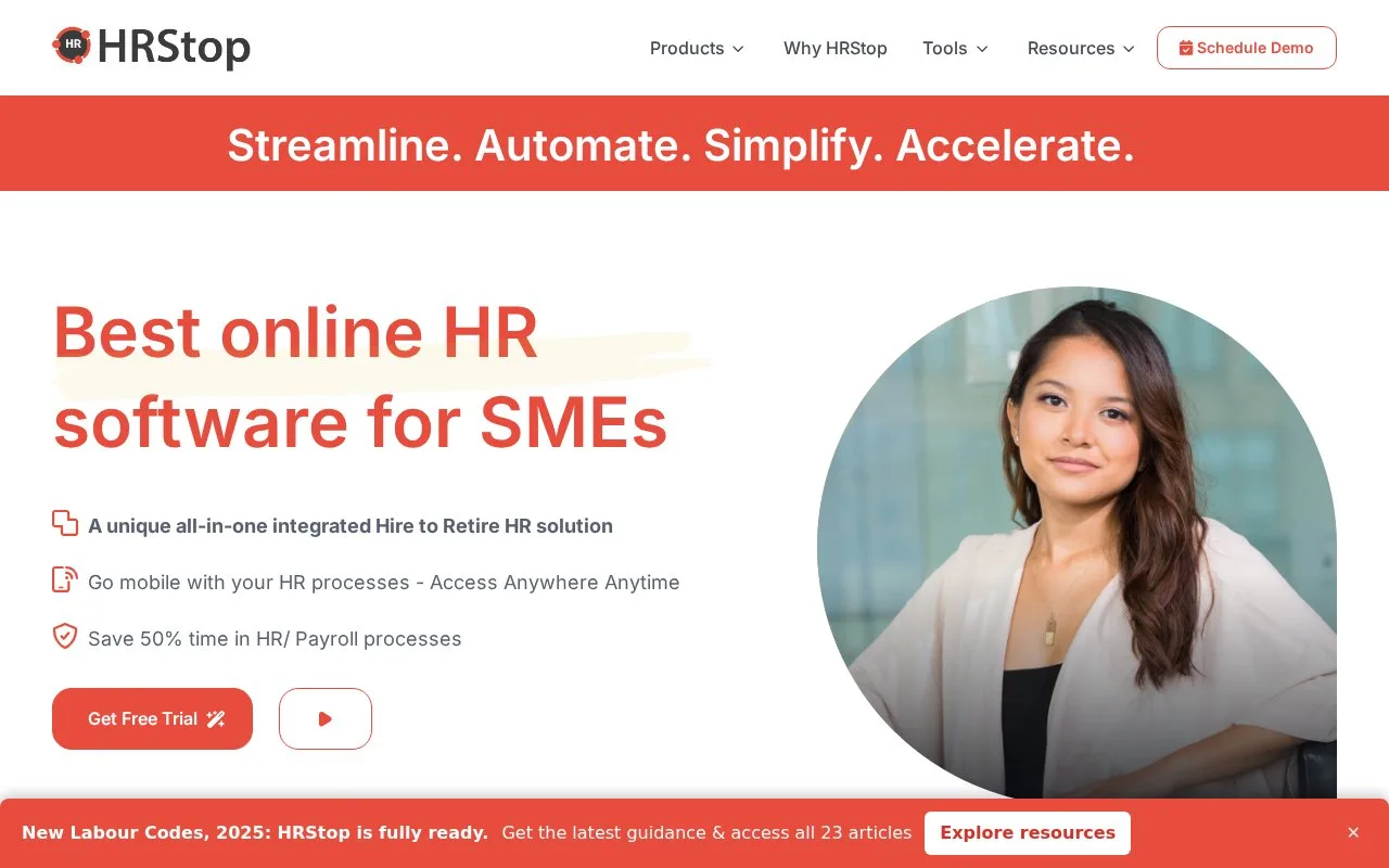 Screenshot of the HRStop homepage