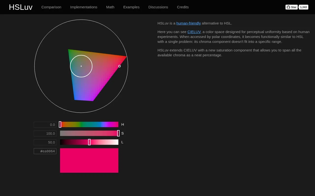 Screenshot of the HSLuv homepage