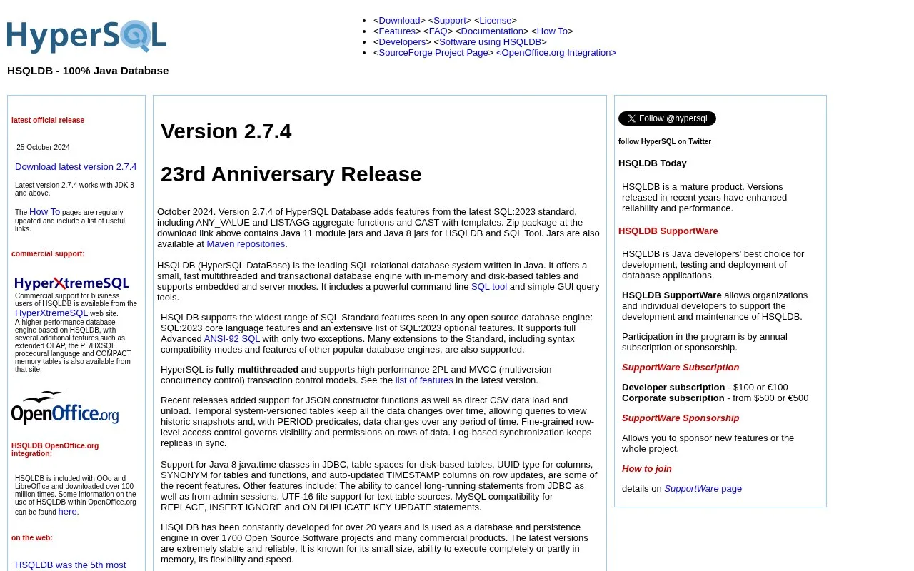 Screenshot of the HSQLDB (HyperSQL Database) homepage
