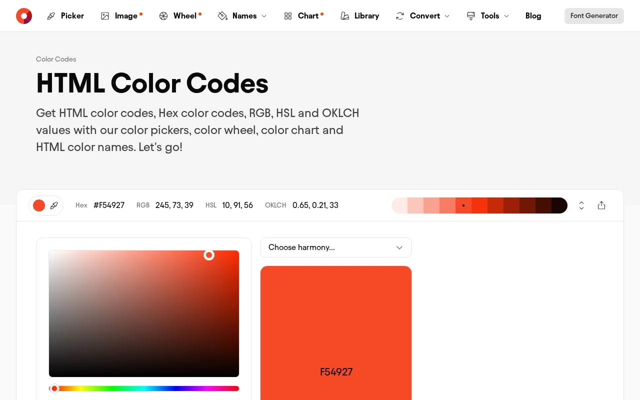 Screenshot of the HTML Color Codes homepage
