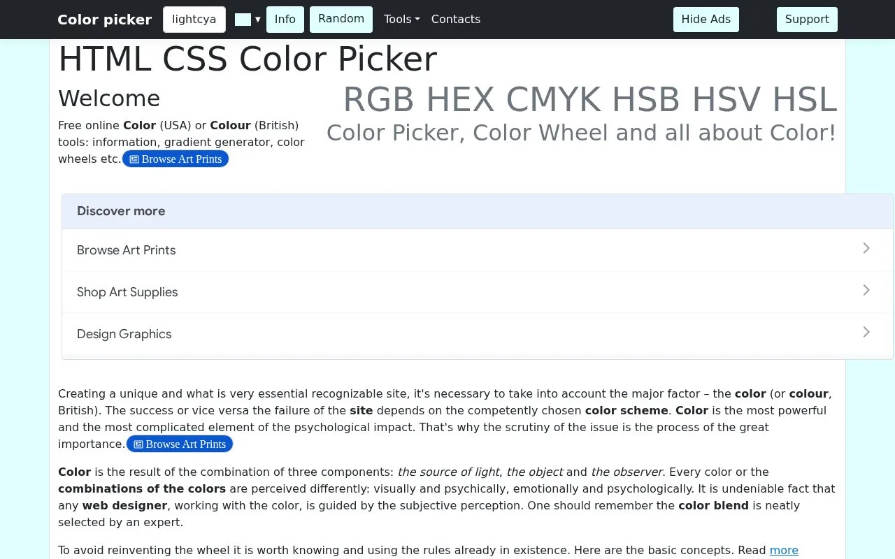 Screenshot of the HTML CSS Color homepage
