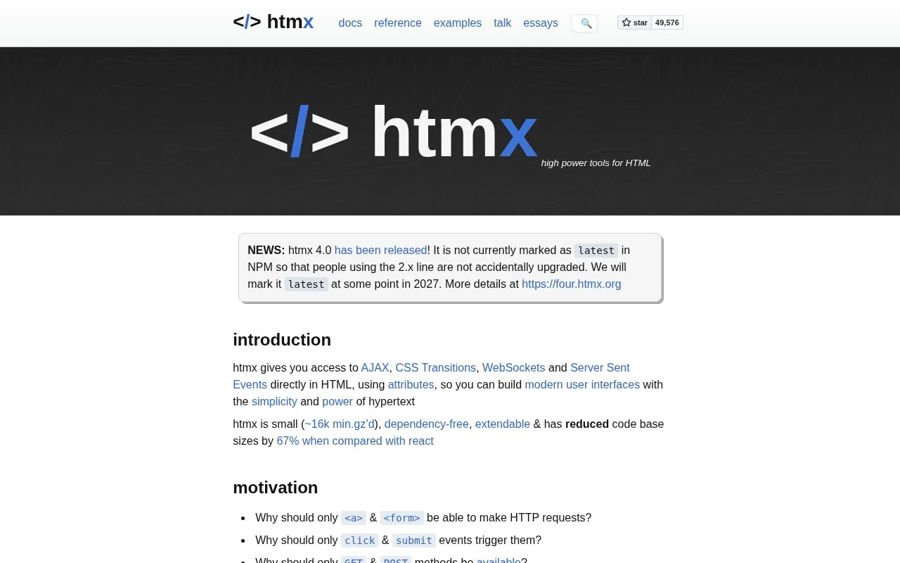 Screenshot of the htmx homepage
