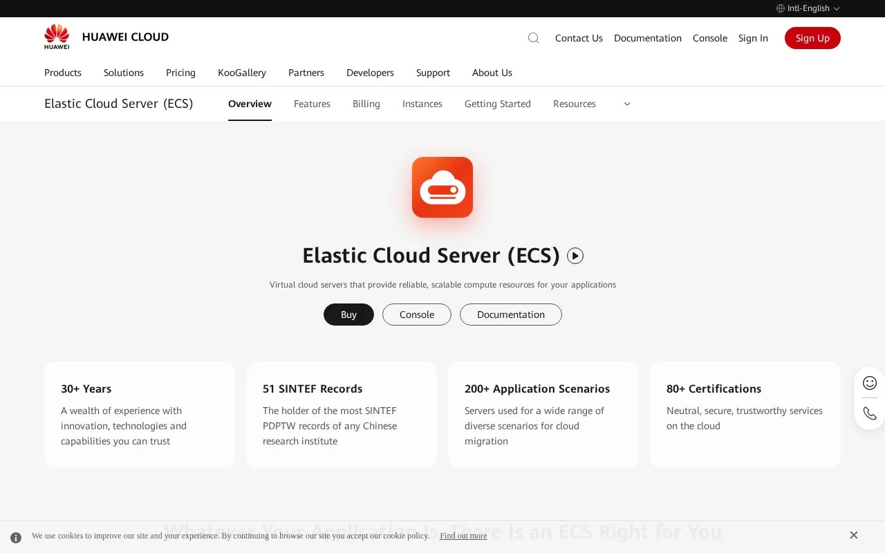 Screenshot of the Huawei Cloud Elastic Cloud Server (ECS) homepage