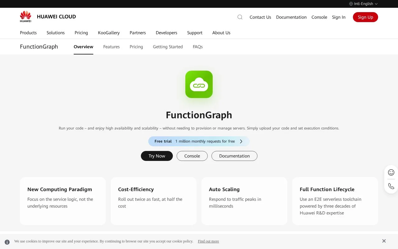 Screenshot of the Huawei Cloud FunctionGraph homepage