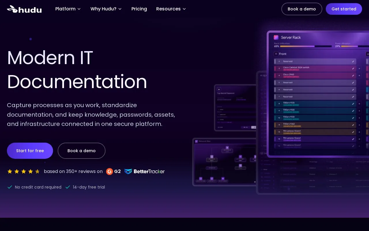 Screenshot of the Hudu homepage