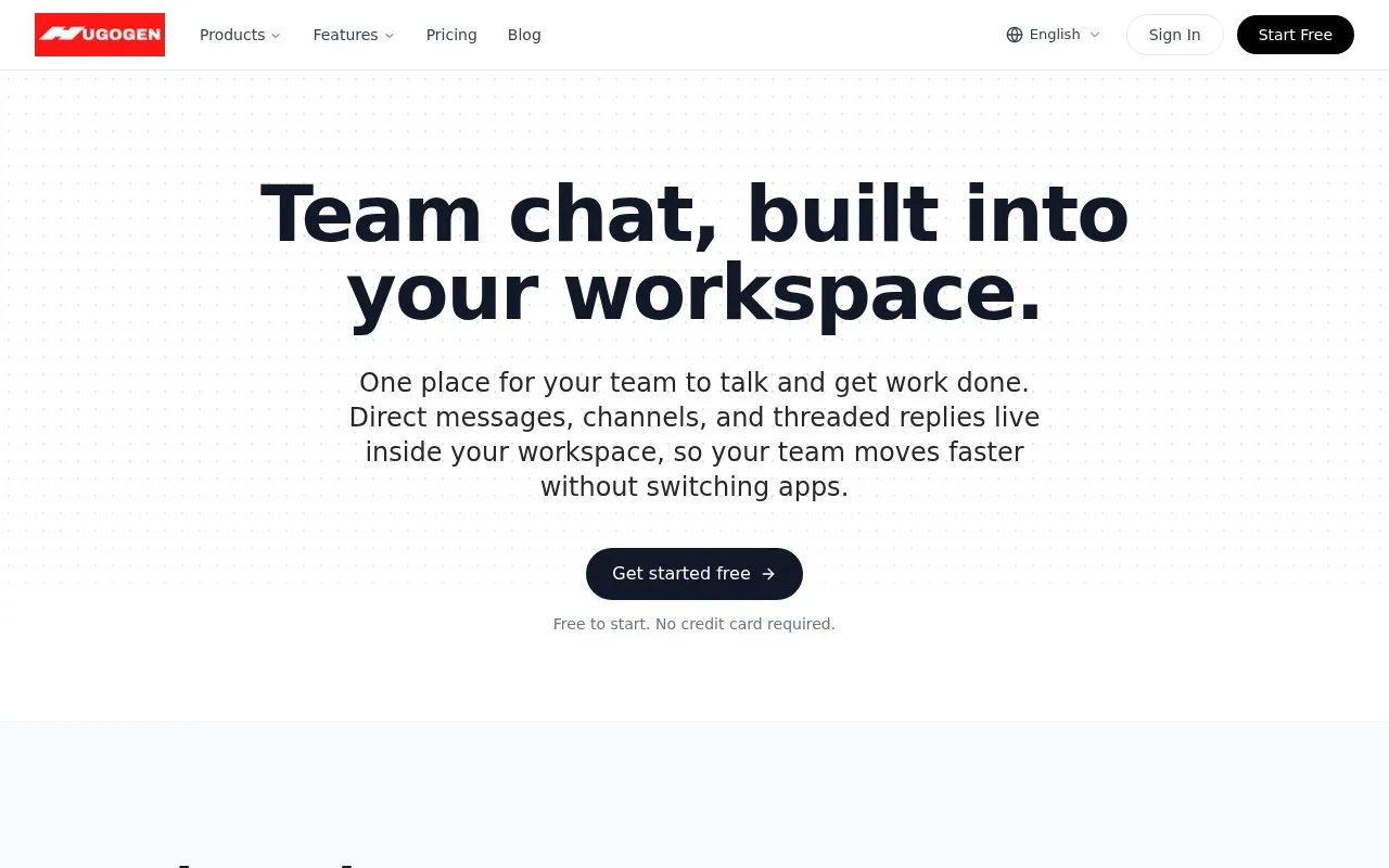 Screenshot of the Hugogen Team Chat homepage