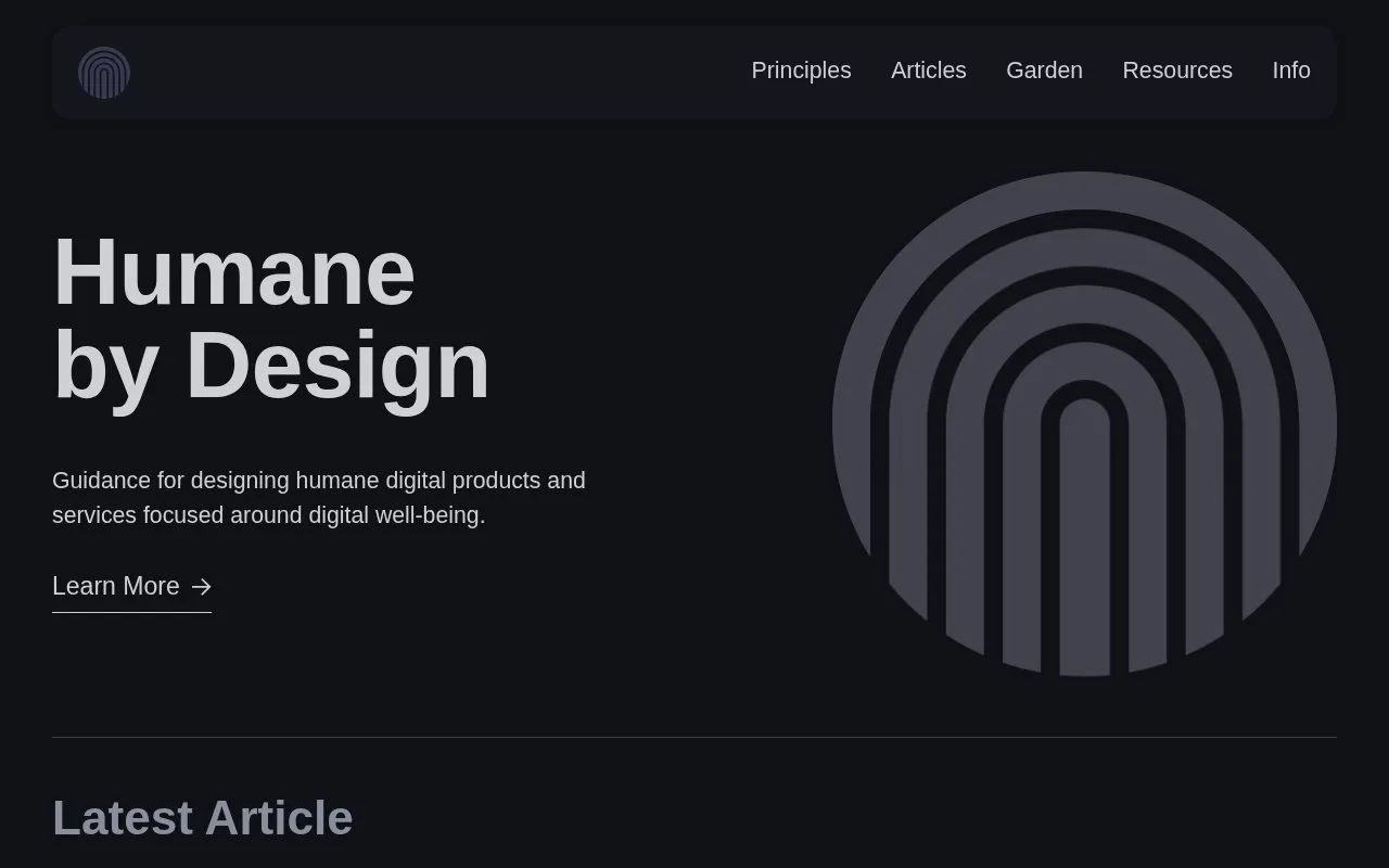 Screenshot of the Humane by Design homepage