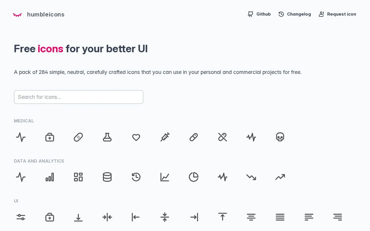 Screenshot of the Humbleicons homepage